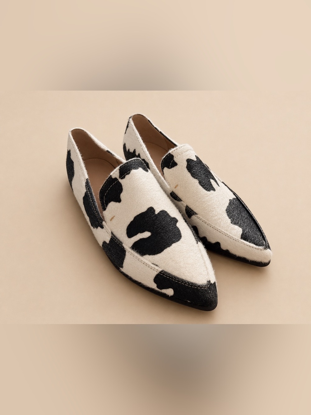 Anthropologie Cow Print Calf Hair Pointed Loafers Black White Size 34
